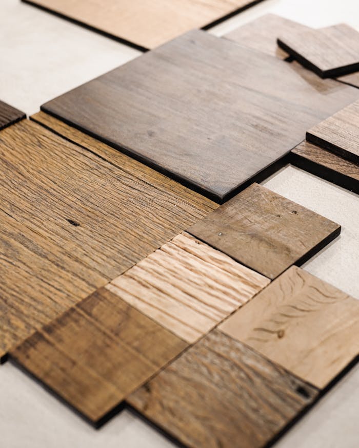 Close-up view of assorted wooden tiles arranged on the floor, showing texture and grain.